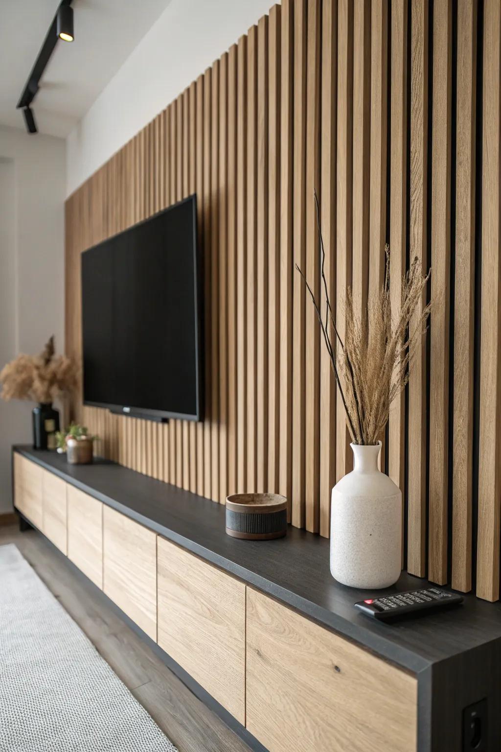 Warm oak slat wall with a slim ledge—softens sound and elevates your media room.
