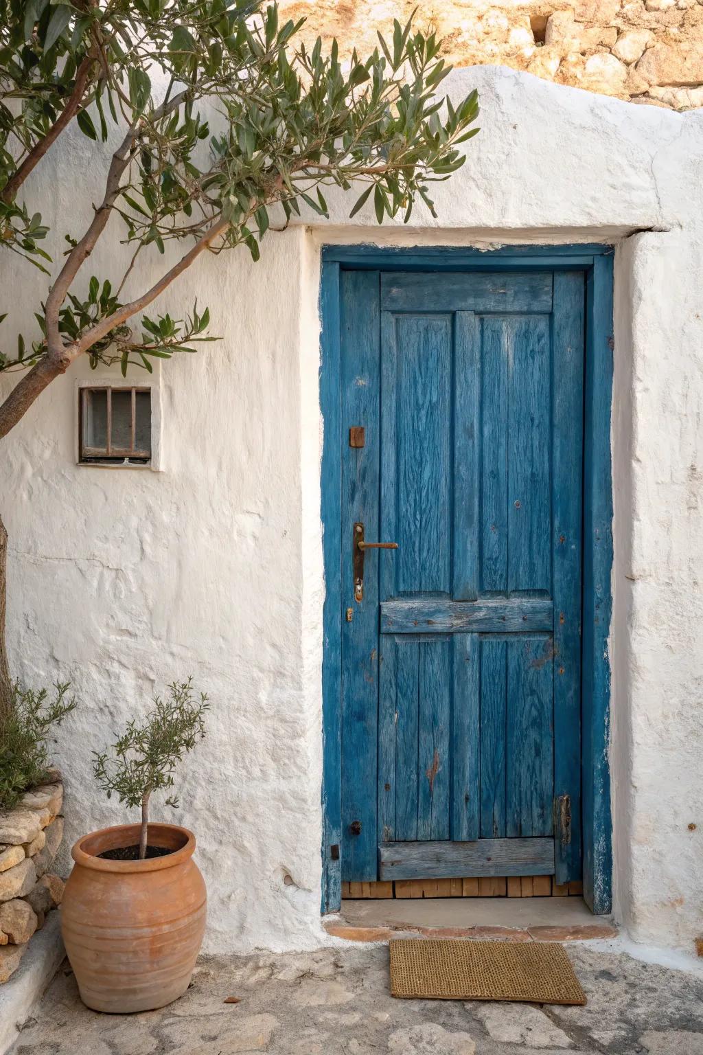 Bold Aegean blue wash on textured wood—distressed edges for a sunny village vibe.