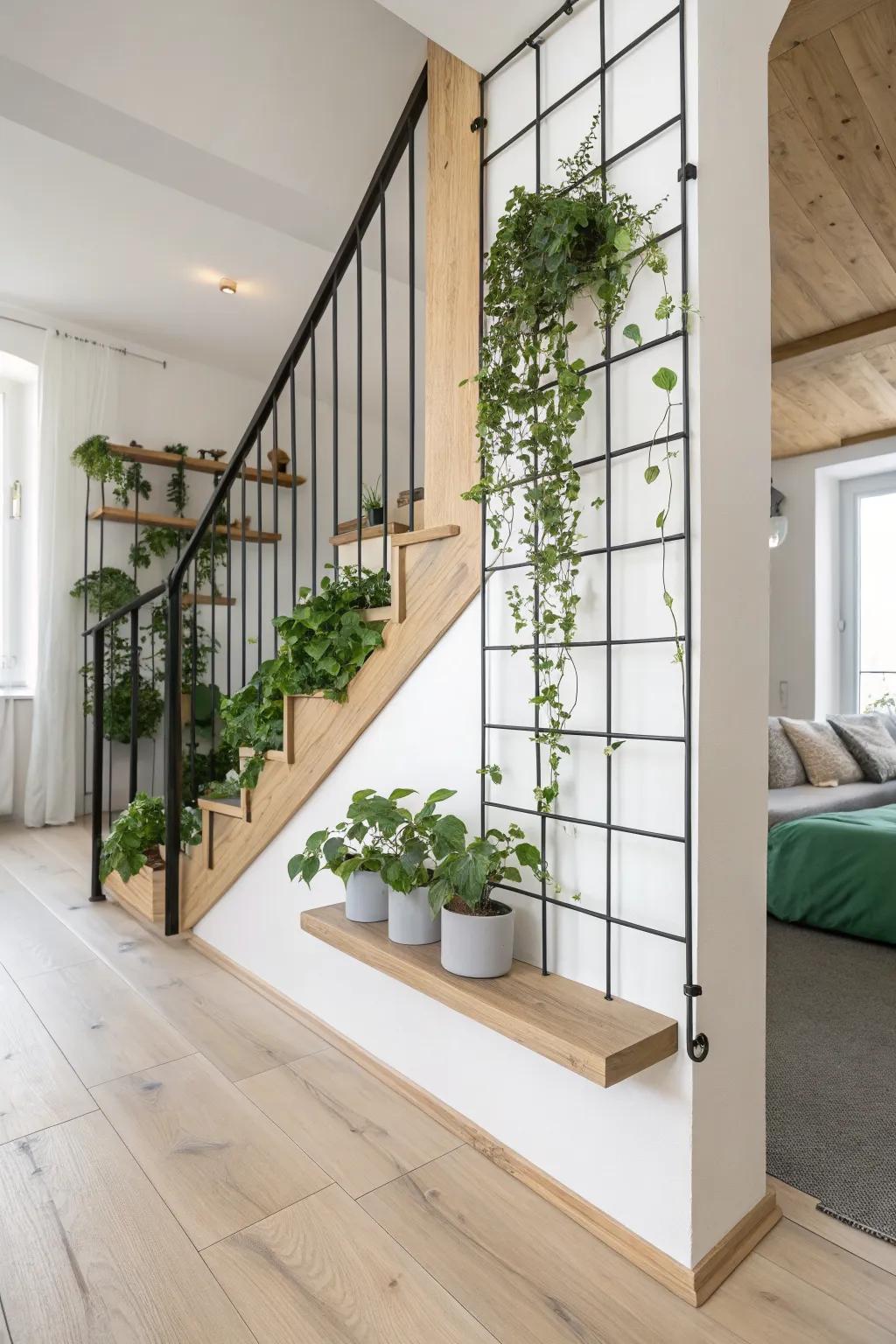 Planter-trellis mezzanine railing: airy loft views, warm wood, and climbing greenery in one.