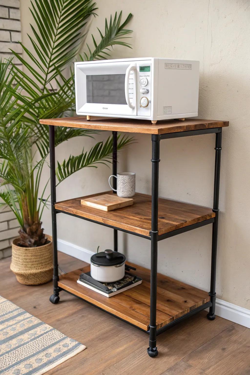 Custom wood + black pipe microwave stand: clean Scandinavian lines with cozy farmhouse warmth.