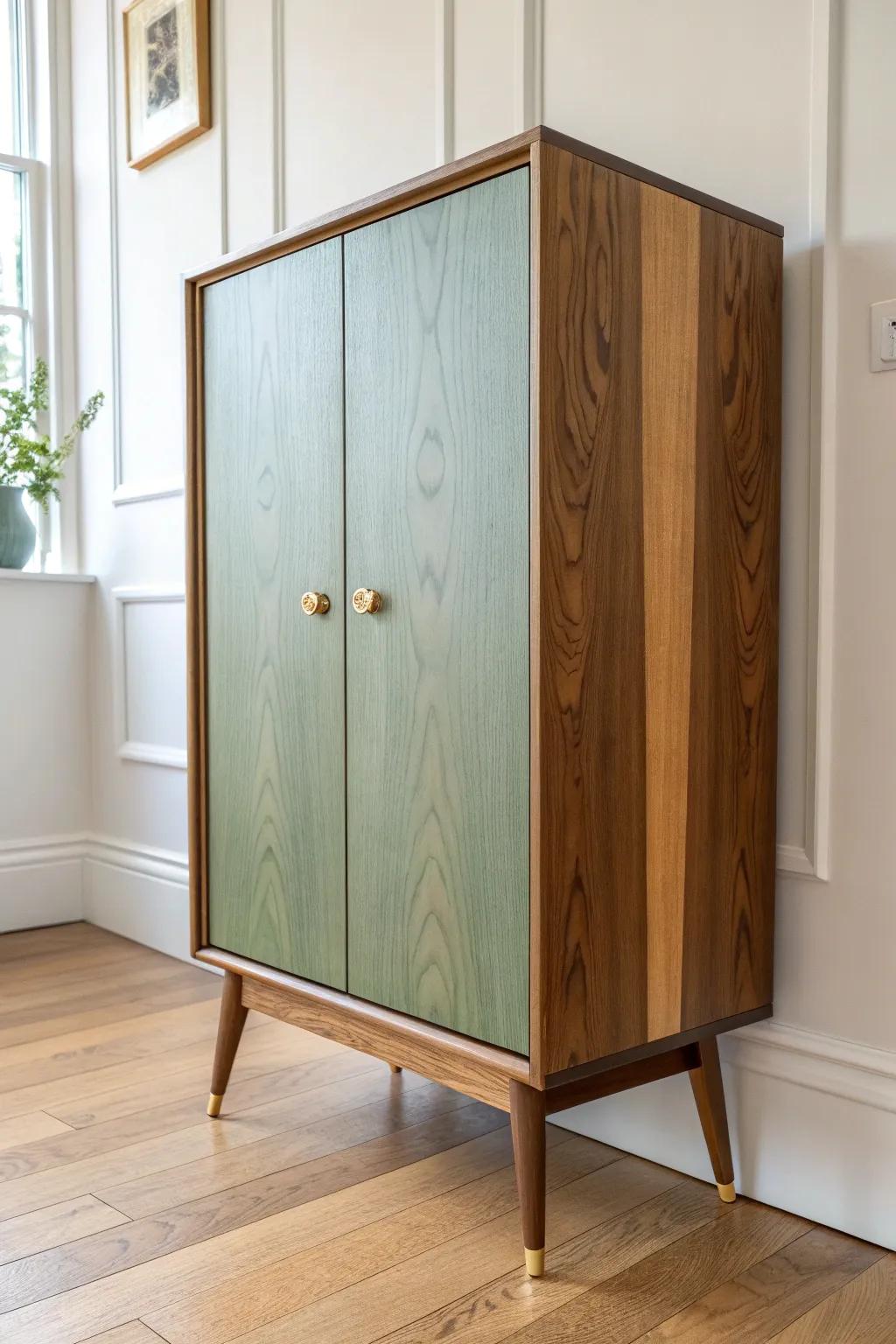 Two-tone mid-century cabinet: warm wood doors framed by muted paint for effortless contrast.