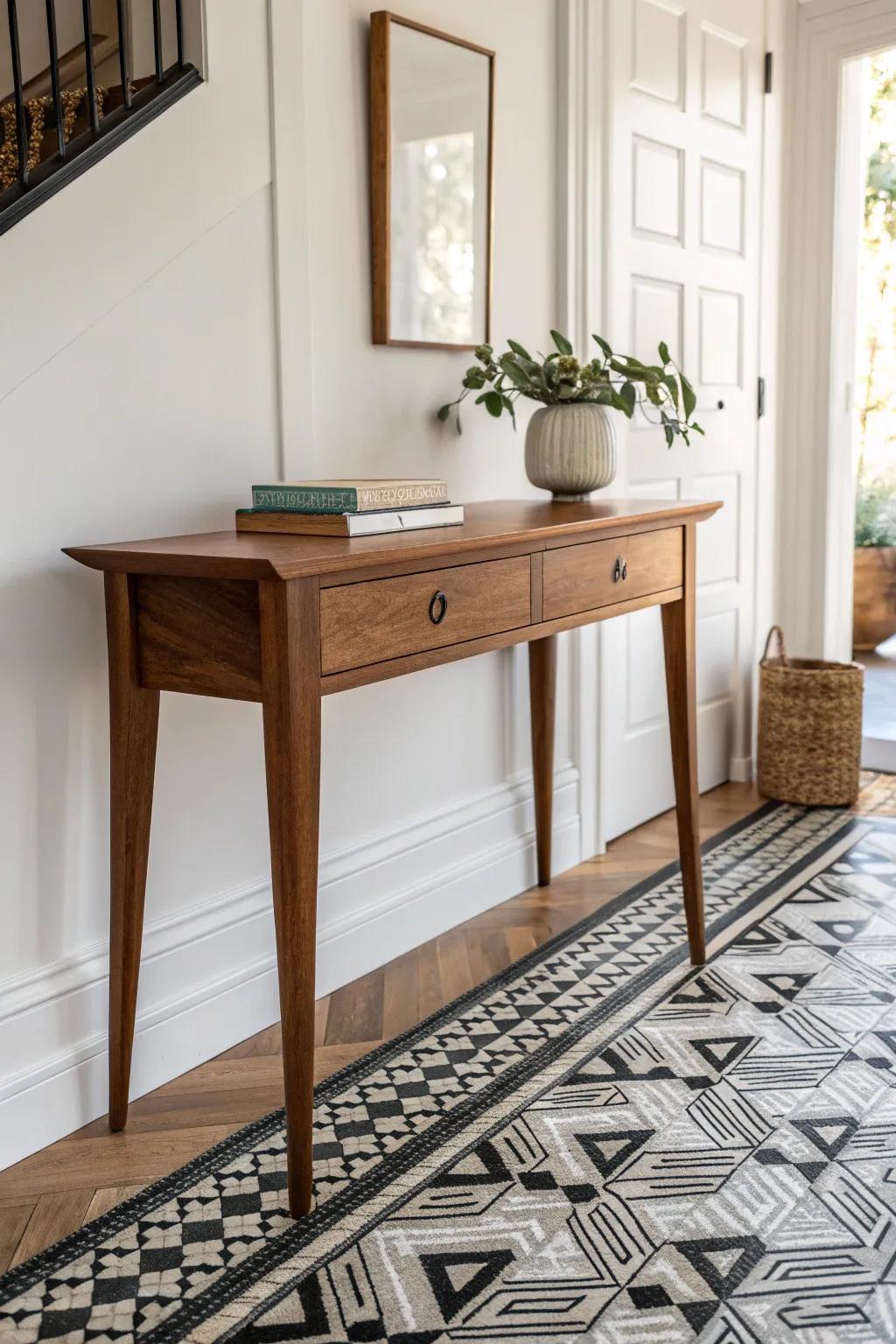 Walnut console meets bold geometric tile—an easy mid‑century entryway contrast that pops.
