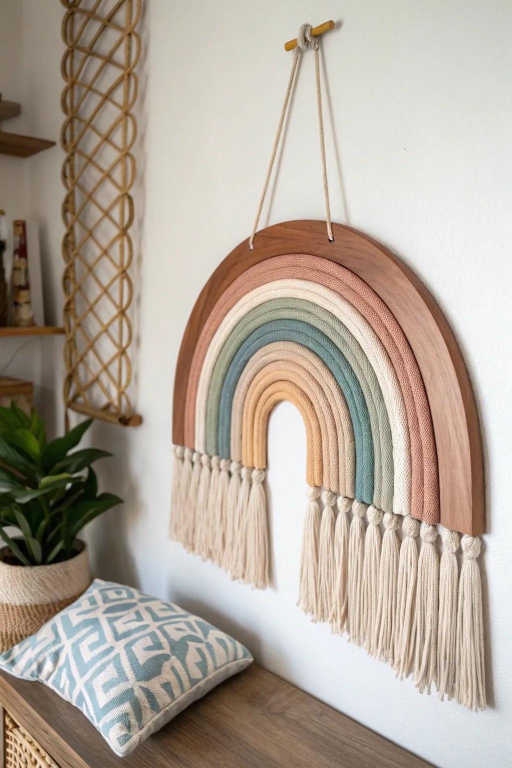 Muted rainbow wood wall art brings playful mid‑century charm to a calm, modern nursery.