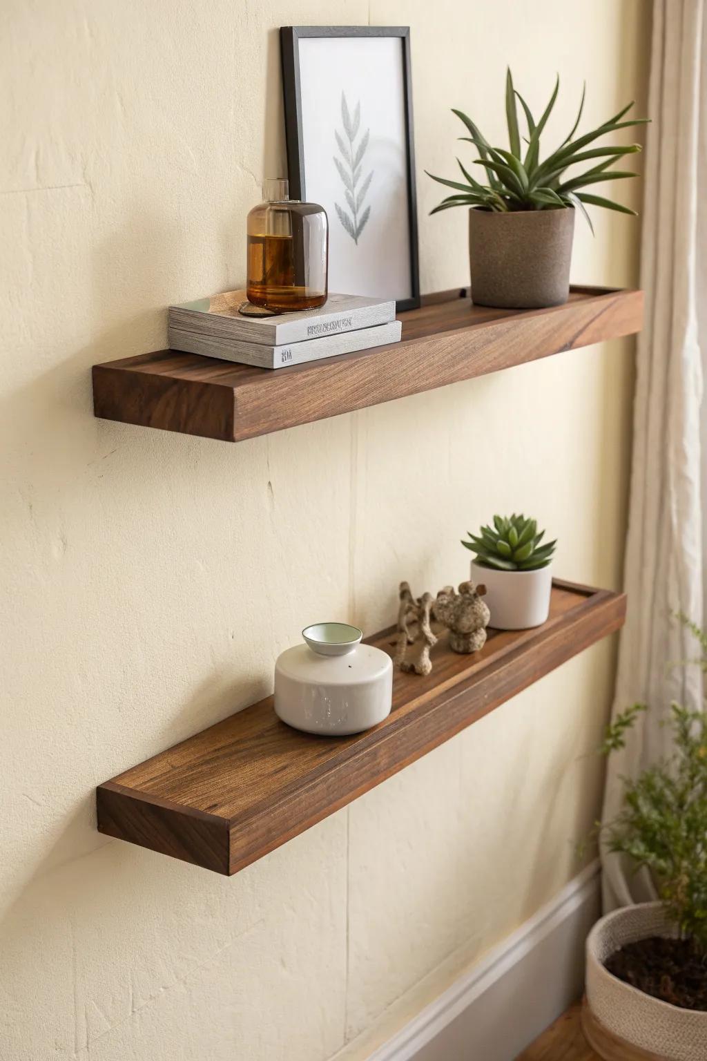 A slim walnut floating shelf turns tiny art and greenery into a mid‑century wall moment.