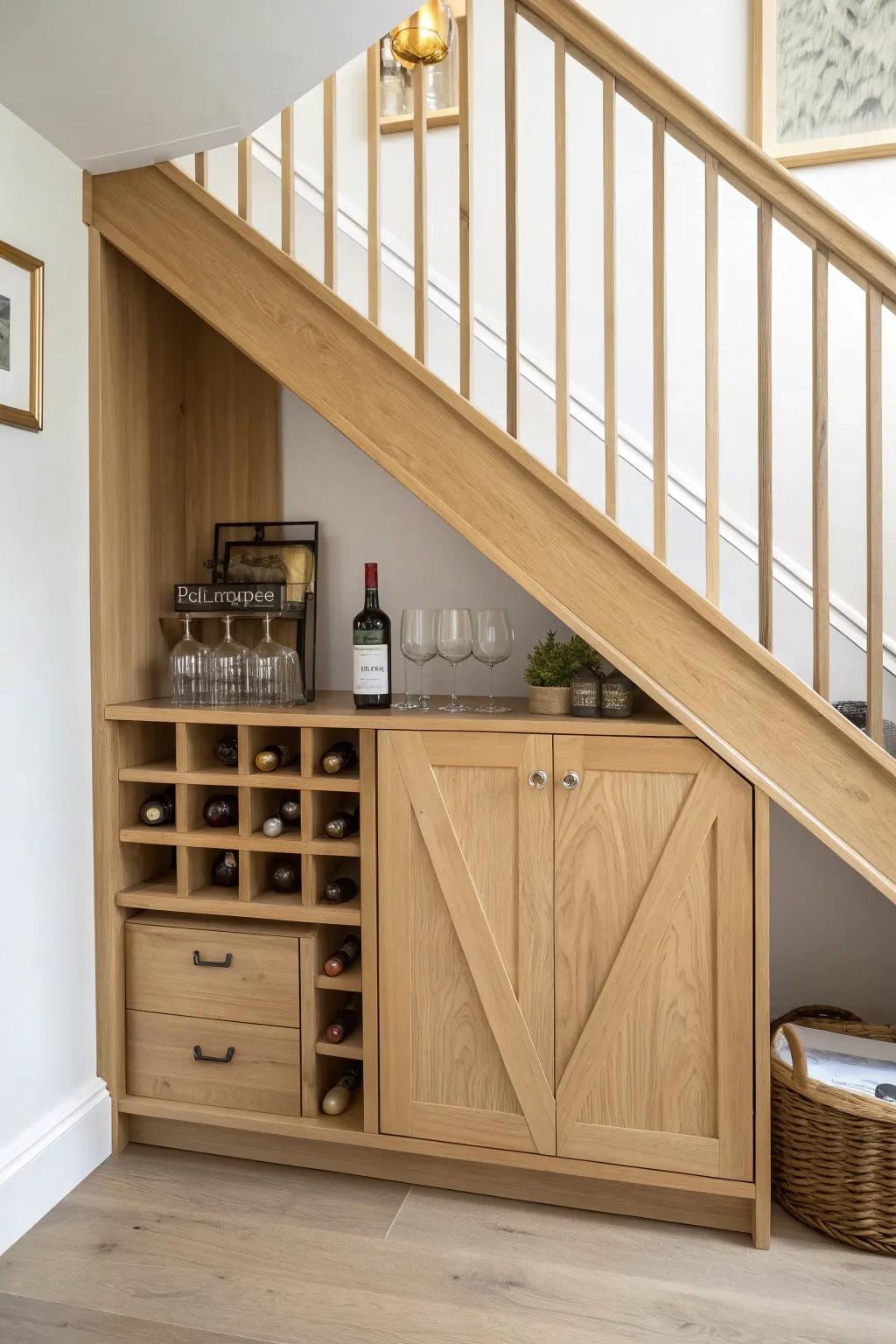 Turn the under-stairs angle into a sleek wood mini bar cabinet with crates, shelves & racks.