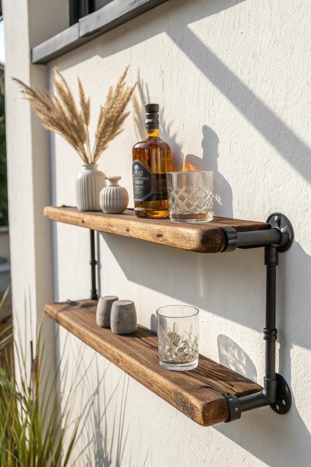 Bold pipe-and-oak mini bar wall—minimal, sturdy, and warm with a modern rustic edge.