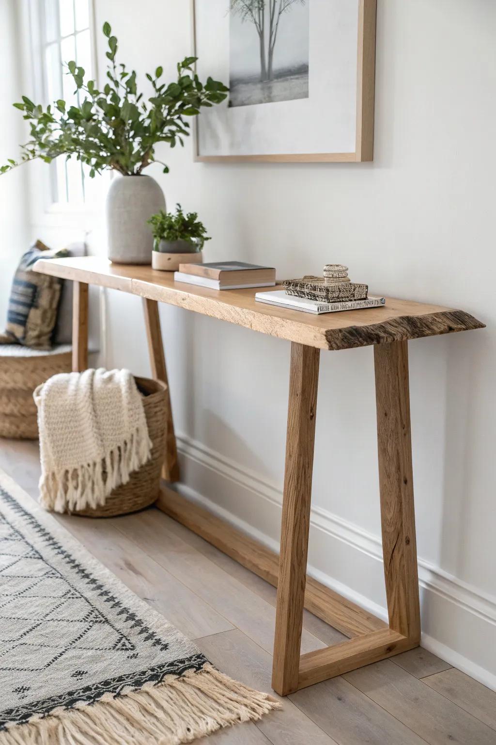 A single live-edge slab adds organic warmth to minimalist console styling—simple, striking.
