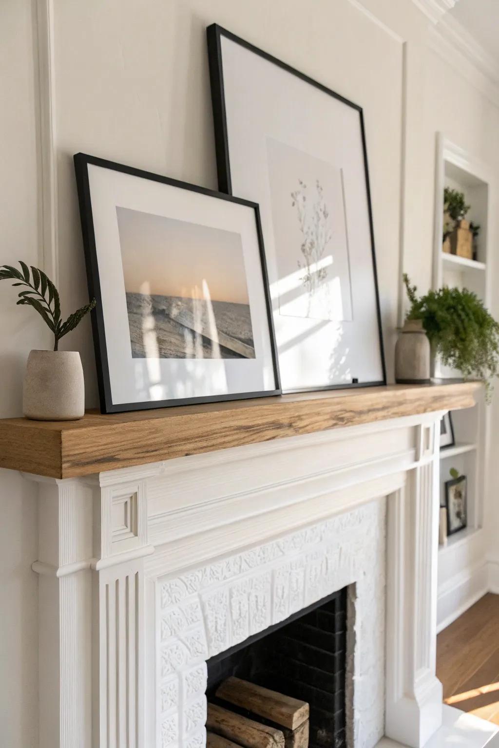 A slim oak picture ledge adds layered art above the mantel—minimal, warm, and clutter-free.