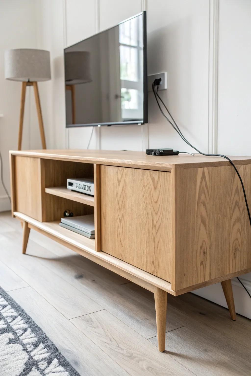 A hidden cable chase back panel keeps your minimalist TV stand wall calm and clutter-free.