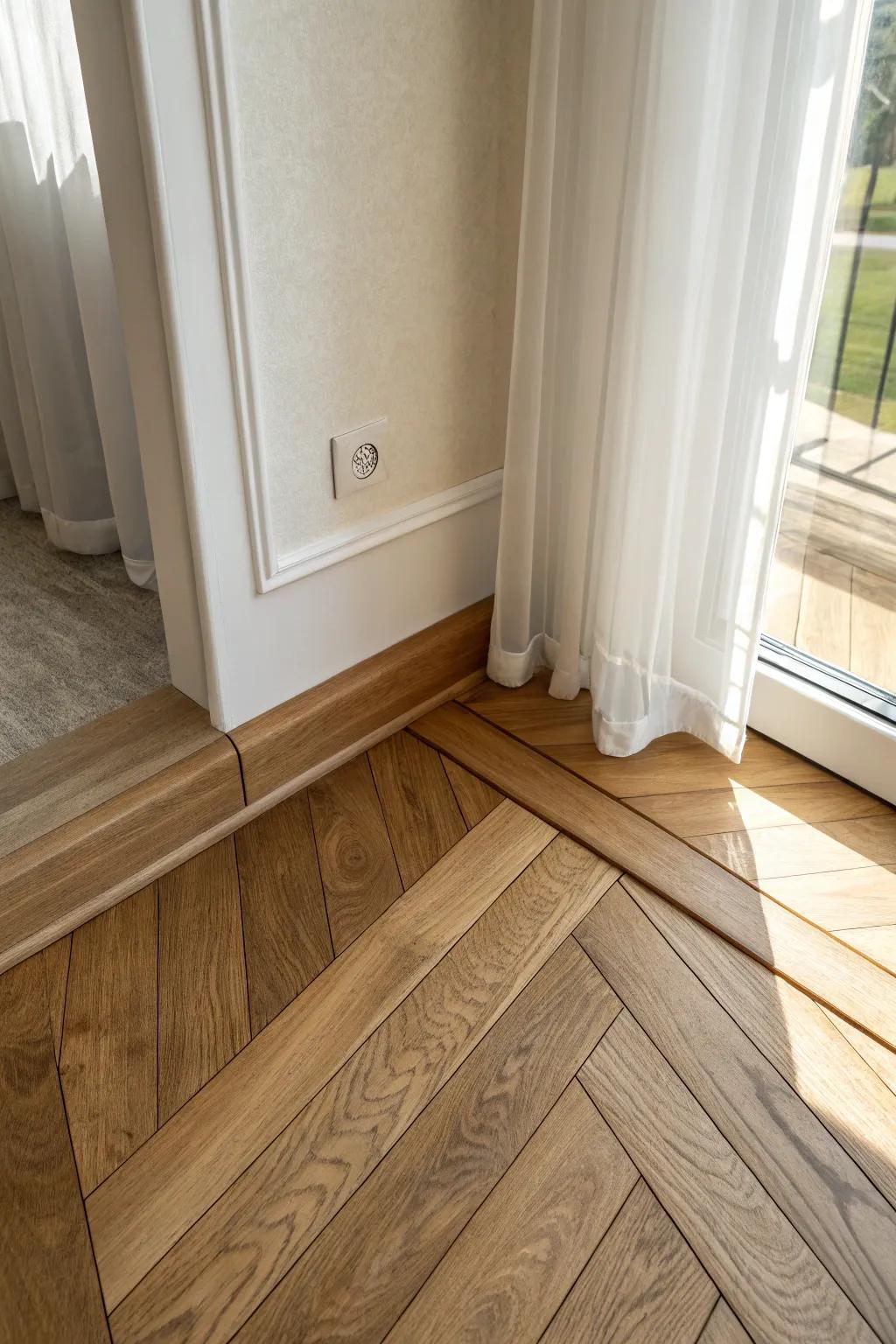 Define a reading nook with a diagonal hardwood insert—like visual furniture in the floor.