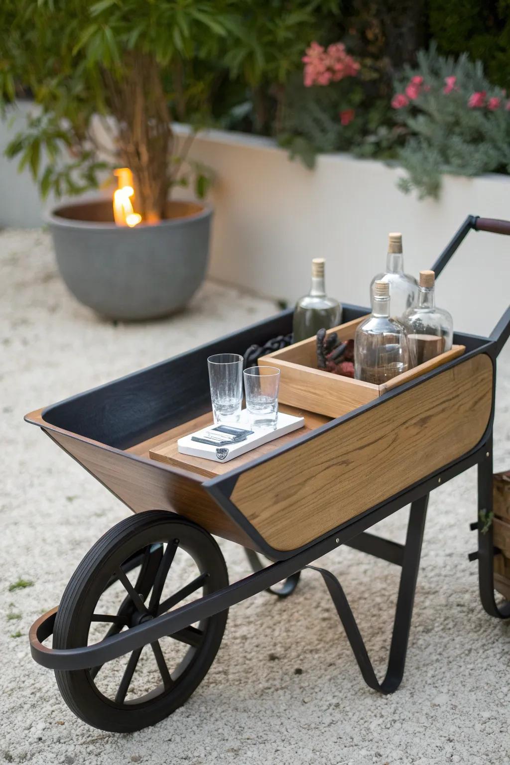 A vintage wheelbarrow bar with a removable wood tray—roll it from patio to fire pit.