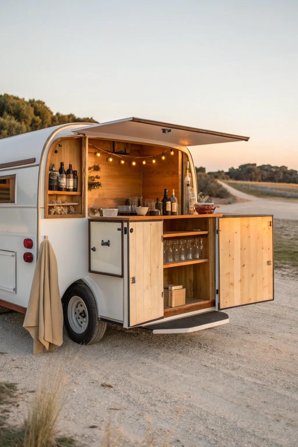 Horse trailer bar conversion with a sealed wood counter, cubbies, and a fold-out shelf.