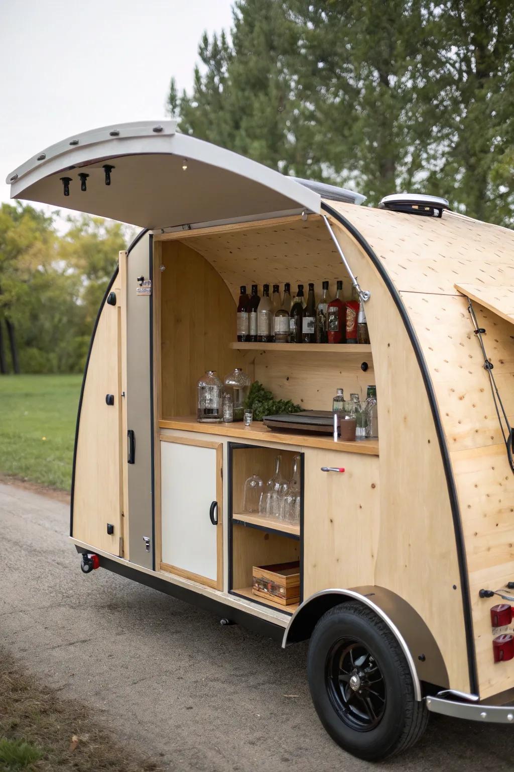 Mini teardrop trailer bar: curved birch plywood ribs for maximum charm in minimal space.