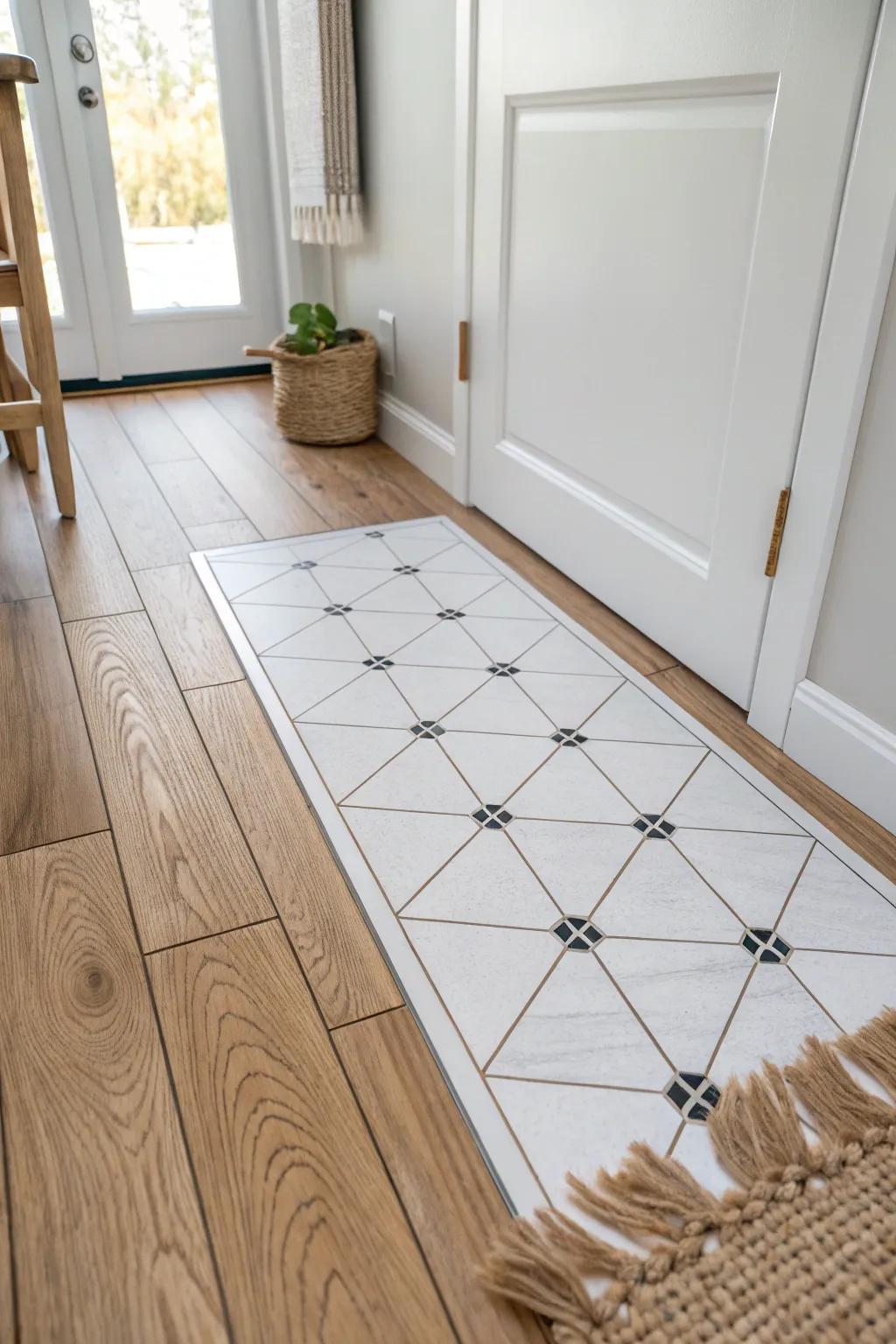 A crisp tile-look inset drop zone that adds instant wow—without the weight of real tile.