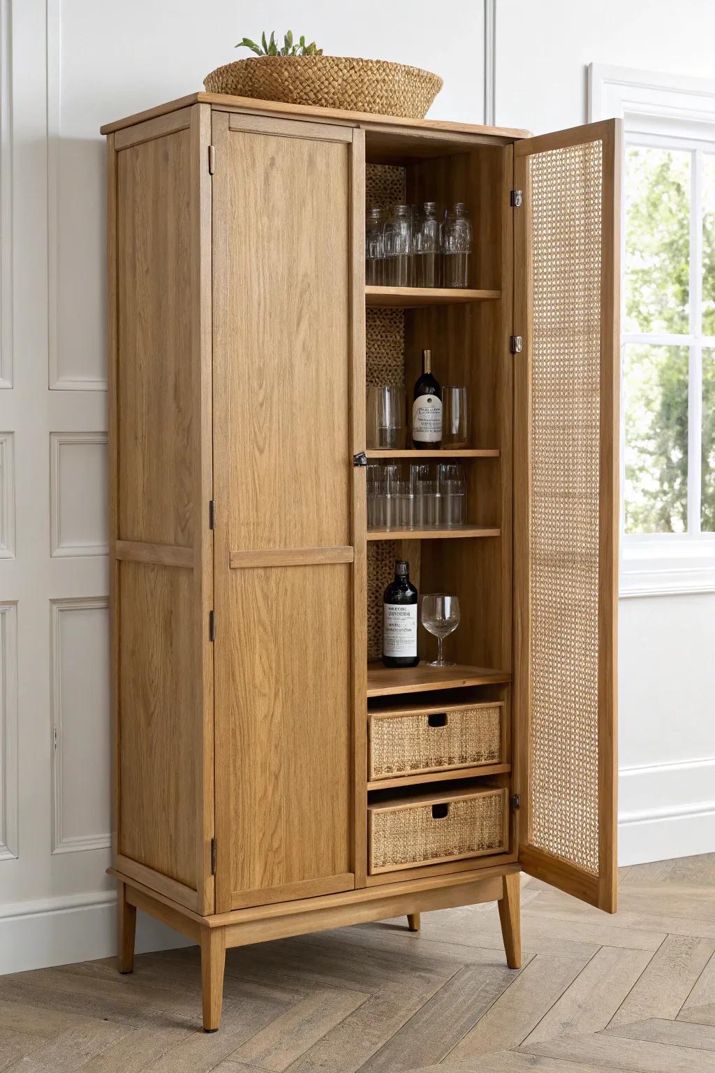 A tall pantry-style bar cabinet keeps bottles upright, hidden away, and beautifully organized.