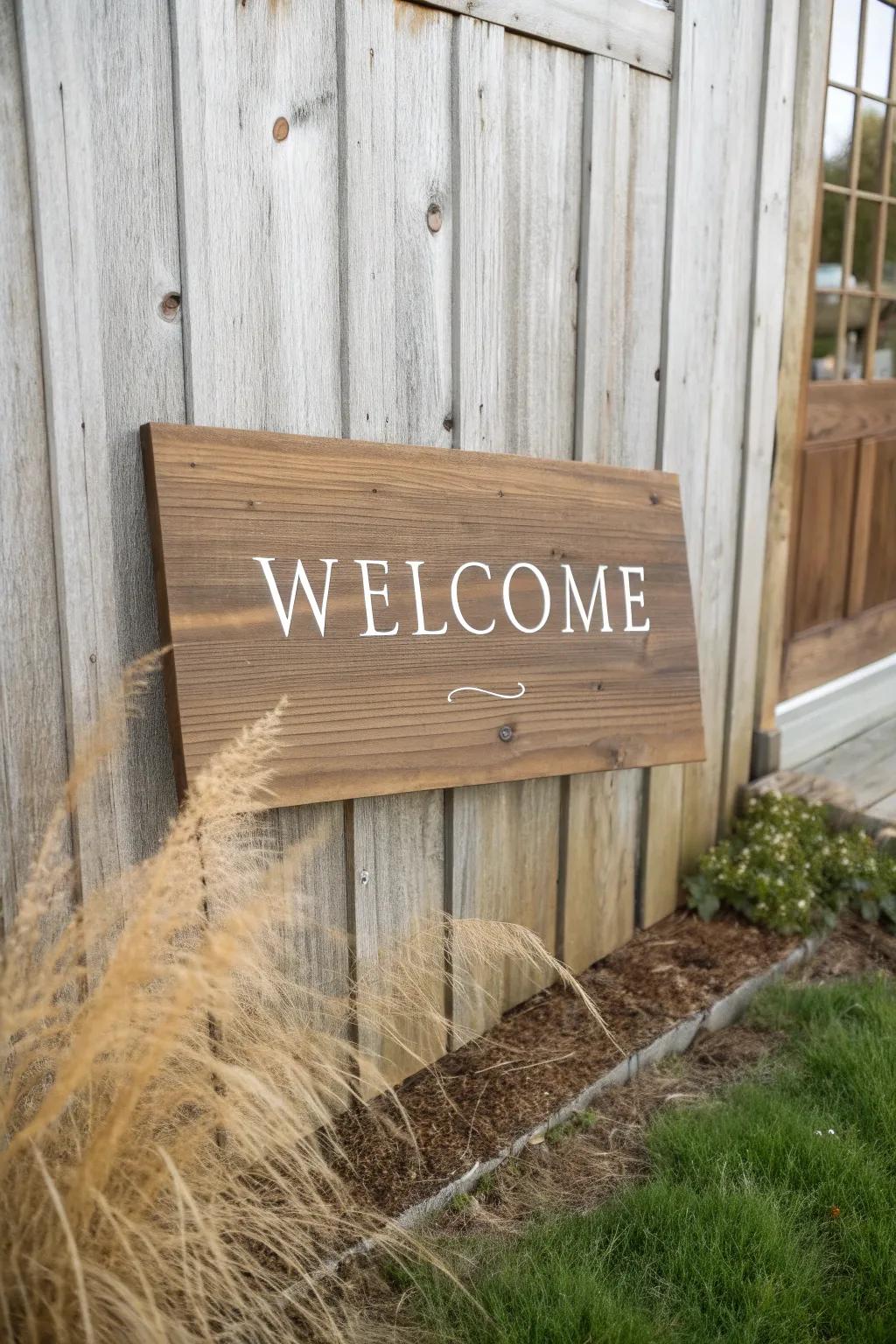 Modern barn wedding sign: warm wood + crisp black typography for a clean, elevated look.