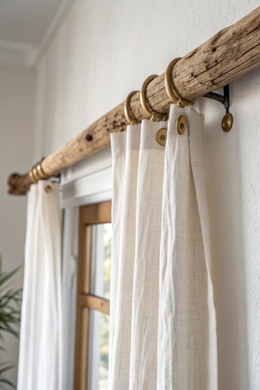 A driftwood curtain rod upgrade—boho texture with clean Scandinavian simplicity.