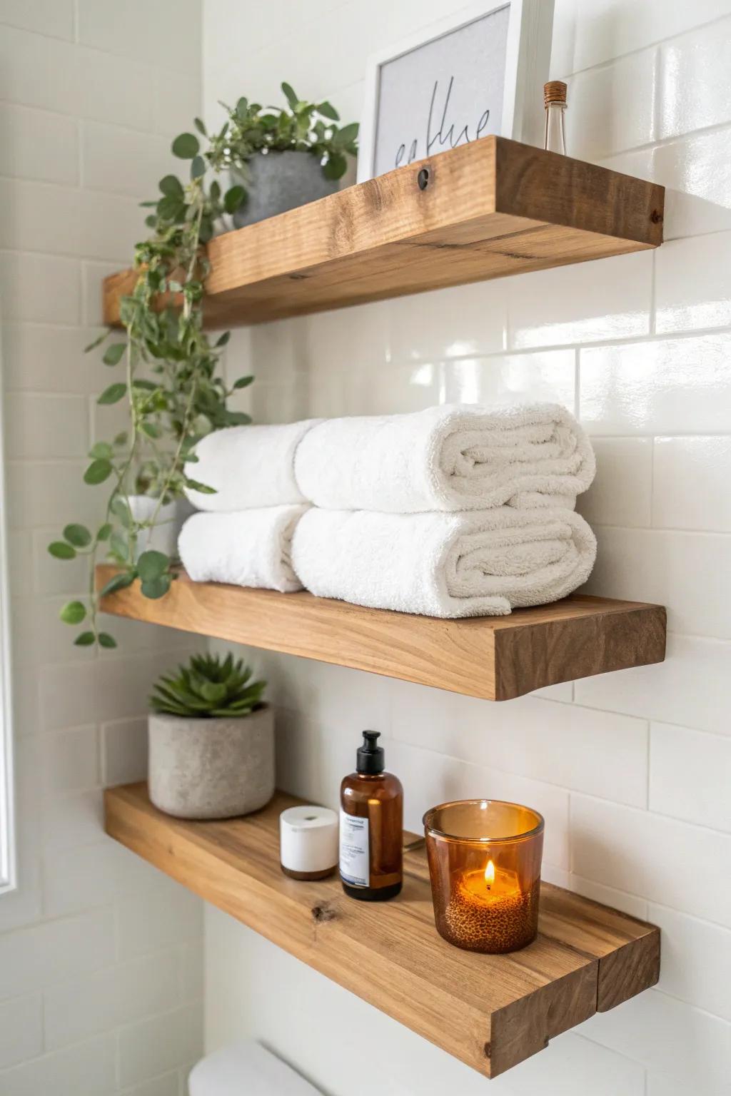 Warm cedar floating shelves with rolled towels—minimal styling that makes the bathroom feel curated.
