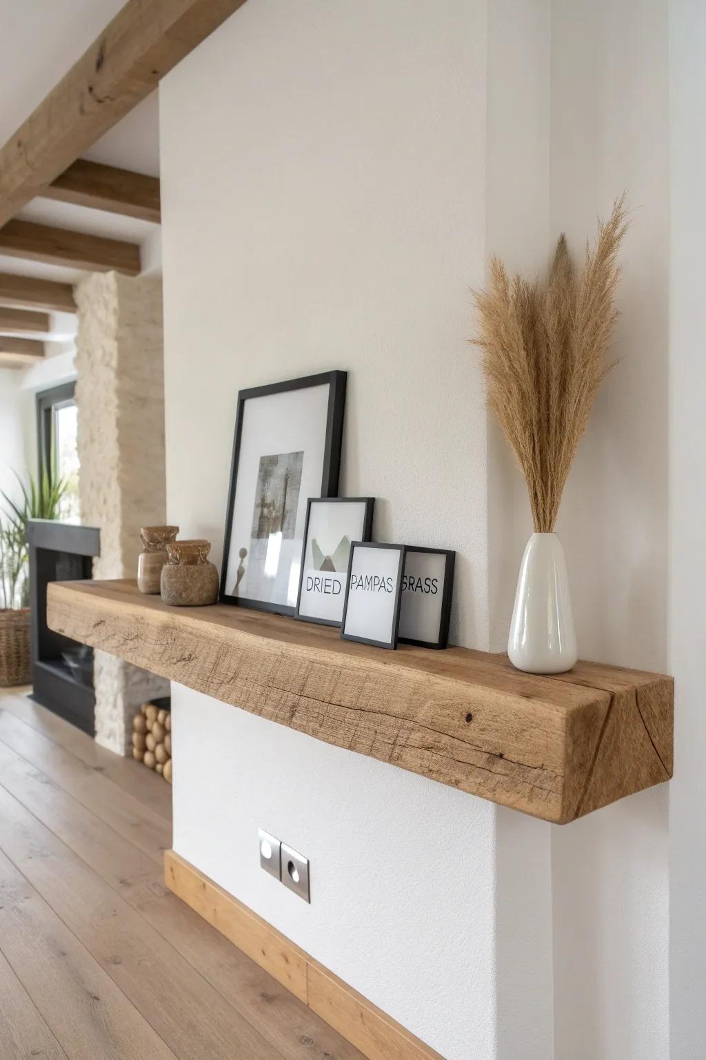 Reclaimed-wood floating shelf with framed notices—clean, warm, and modern for church foyers.