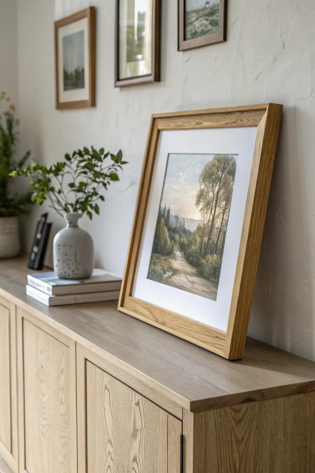 Classic artwork in a clean oak frame—an instant modern-classic upgrade for a calm living room.
