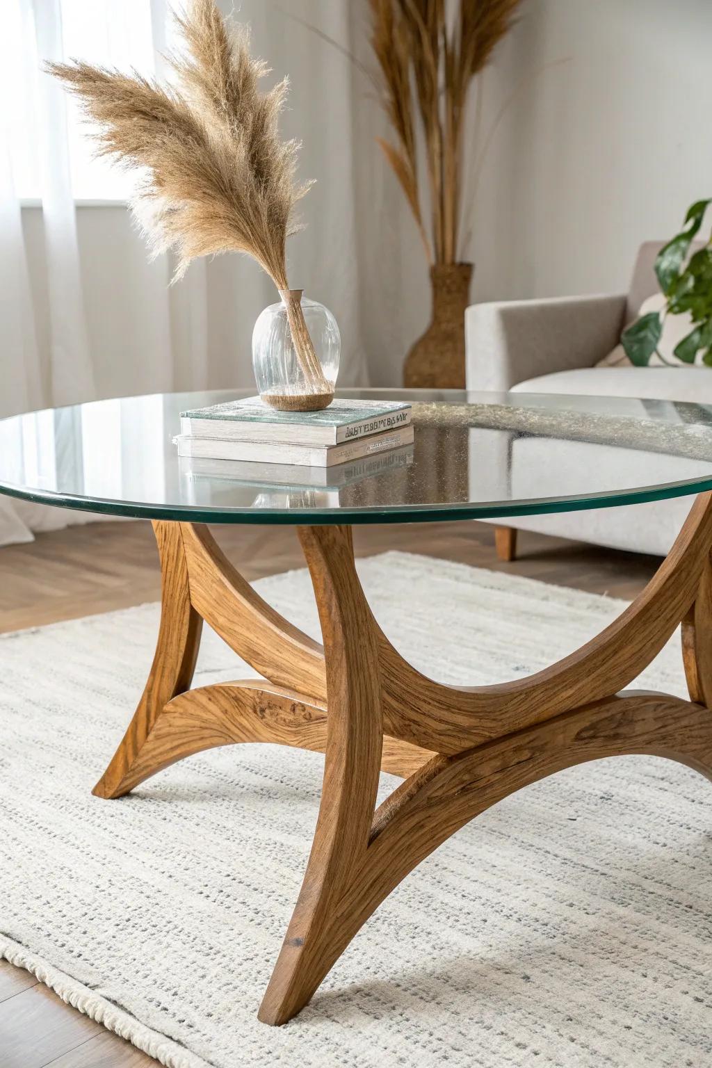 Clear glass, sculptural reclaimed oak—an airy, gallery-like coffee table with warm contrast.
