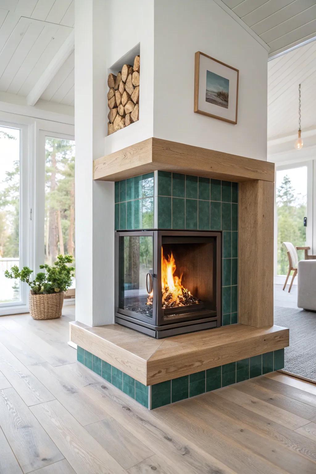 Statement tile in a clean oak frame makes this modern corner fireplace the effortless wow moment.