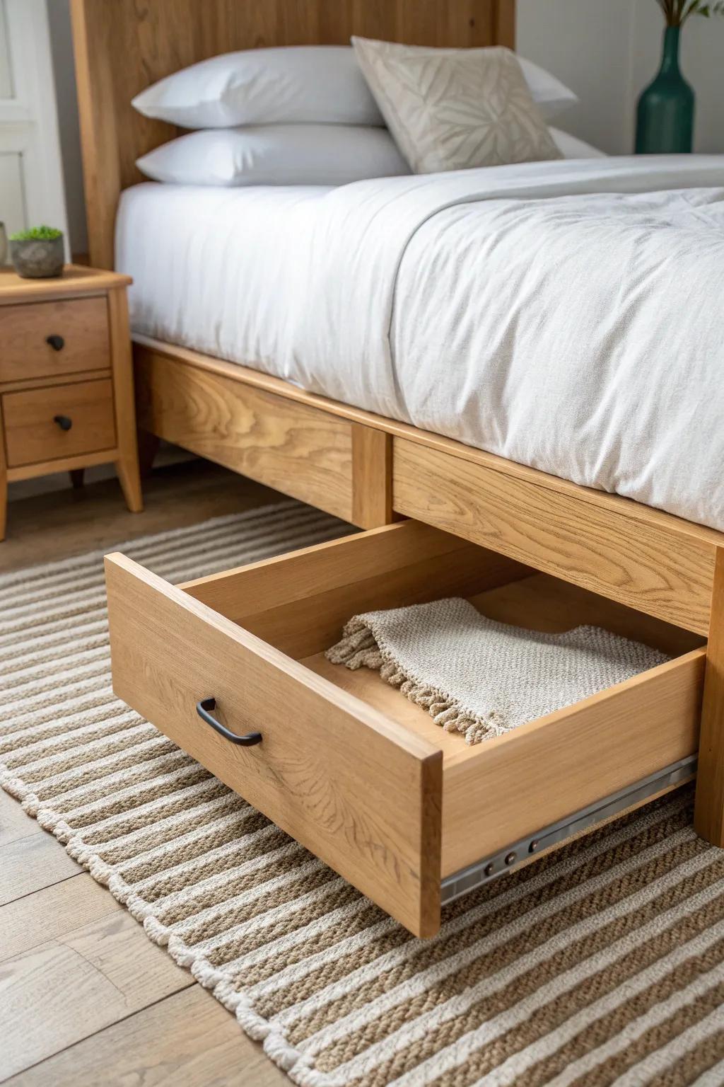 Built-in style under-bed oak drawer storage—cottage charm with clean Scandinavian simplicity.