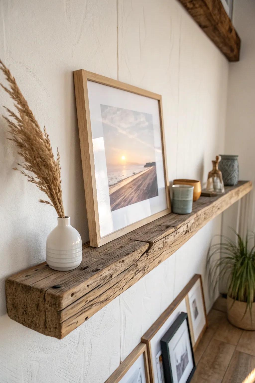 Reclaimed wood picture ledge: an easy, modern country way to swap art without wall clutter.