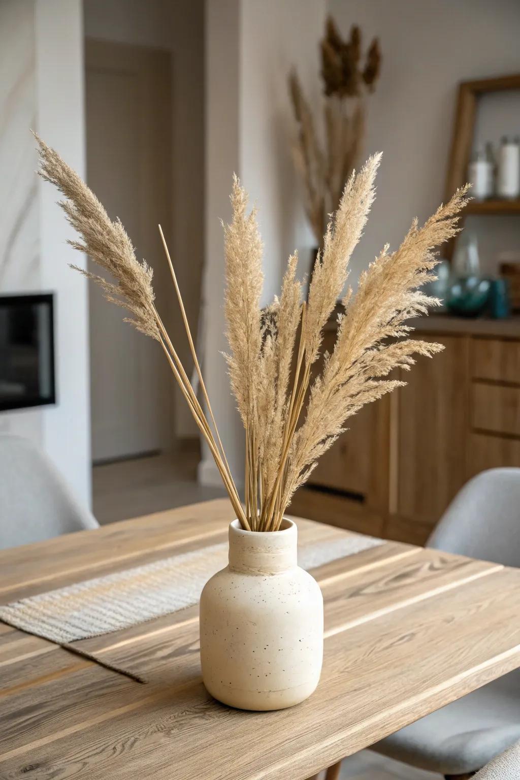 Tall dried grasses in a matte vase for an airy, modern oak dining table moment.
