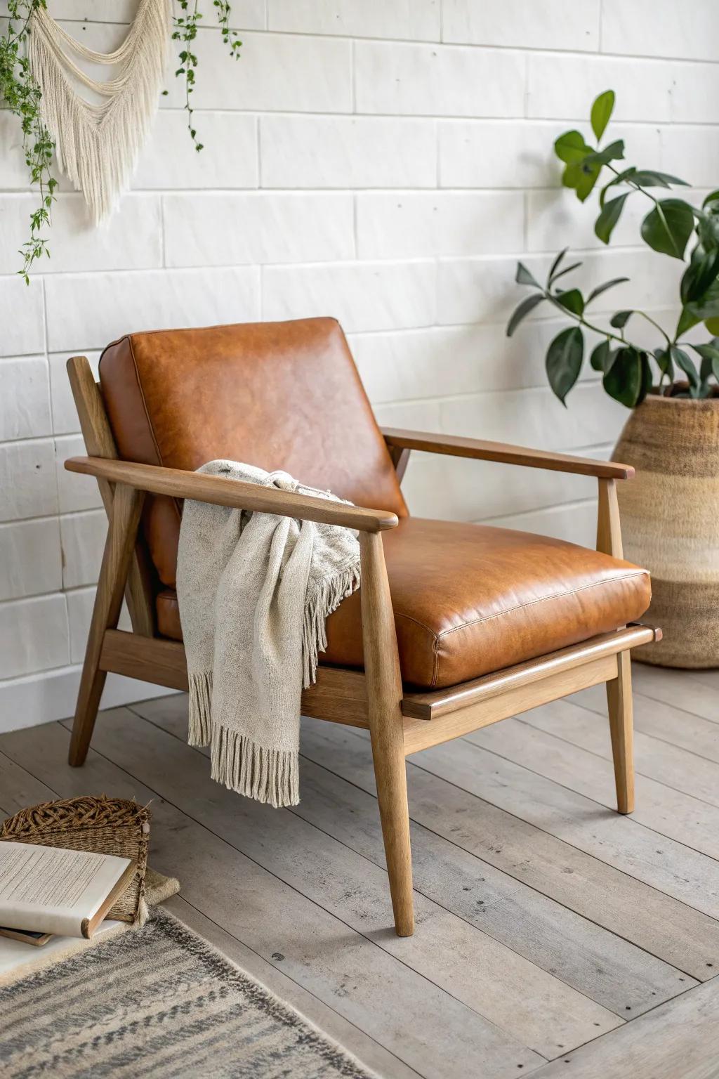 Neutral layers meet one cognac leather moment—modern farmhouse warmth, clean and calm.
