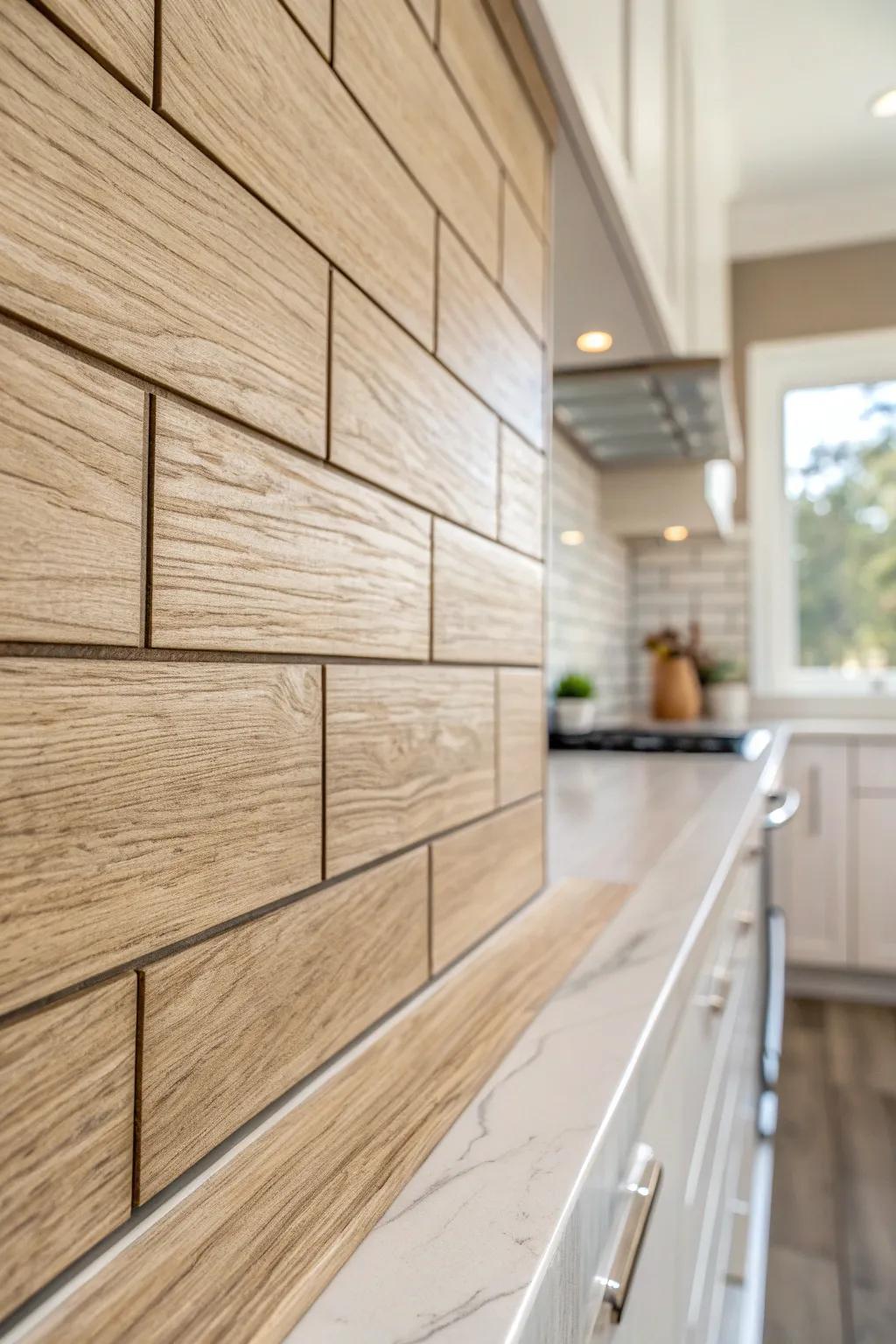 Wood-look tile planks set vertically create a warm, splash-proof modern farmhouse backsplash.