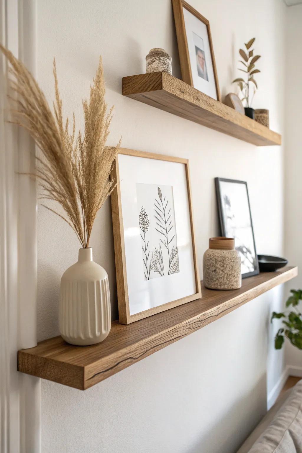 A pale-wood picture ledge keeps your wall airy while letting art and pottery shift with ease.