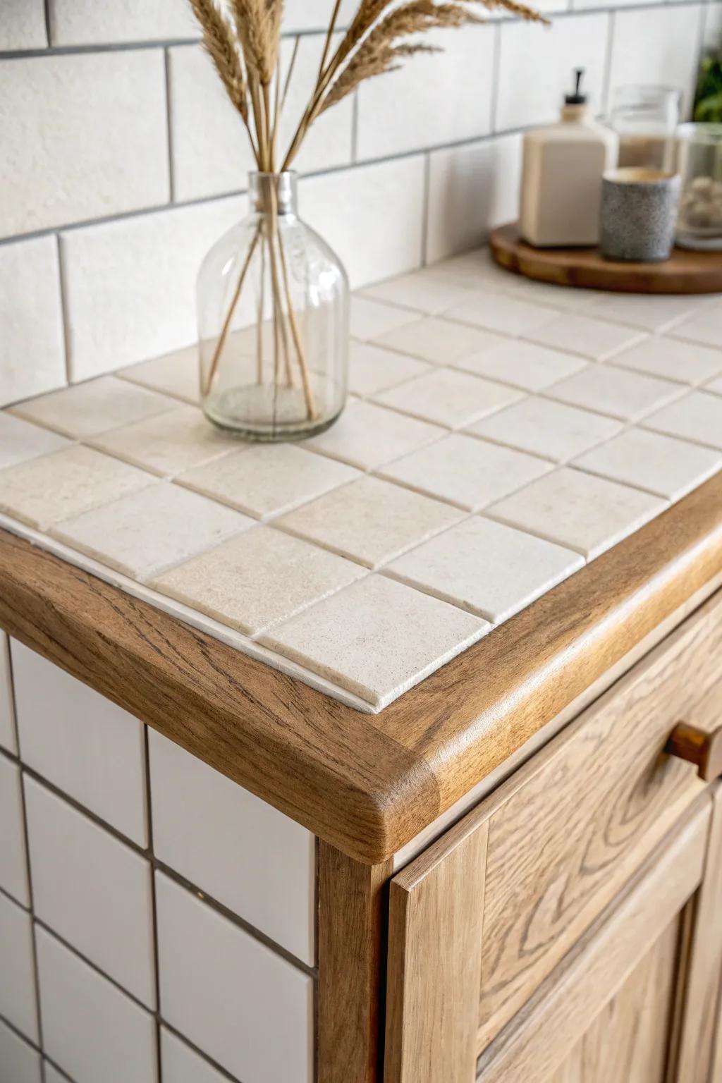 Vintage-inspired tile countertop made fresh with a slim oak edge—simple, warm, intentional.