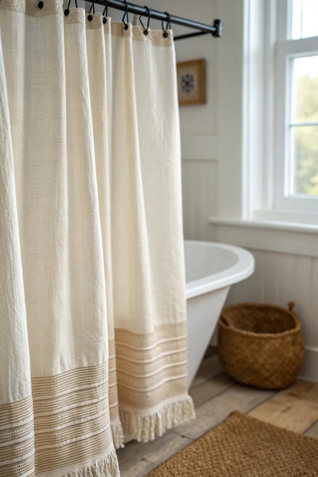 Crisp linen texture + soft light instantly turns a modern farmhouse bath into a spa-like retreat.