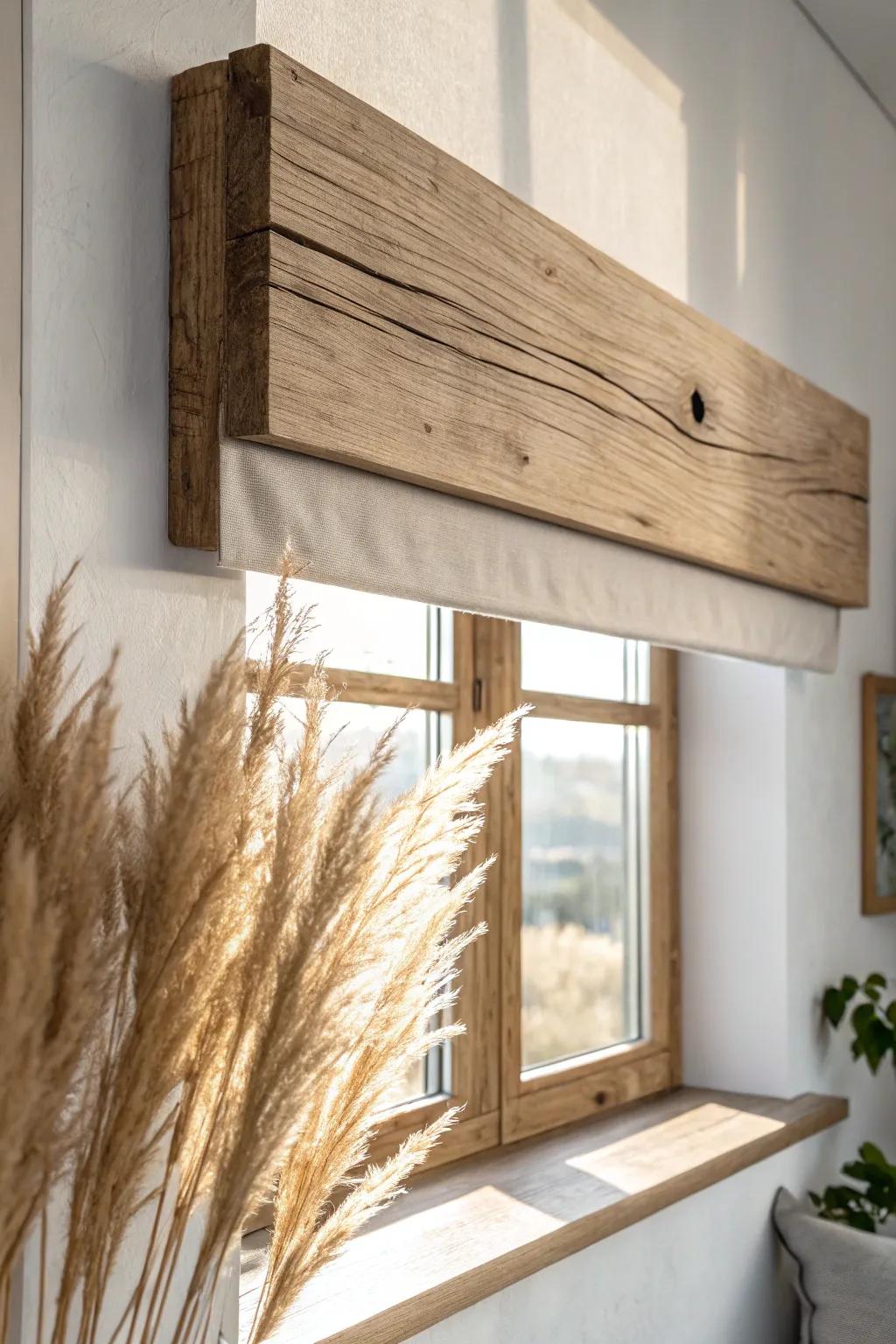 A simple reclaimed-wood valance box adds warm farmhouse charm to sleek modern shades.