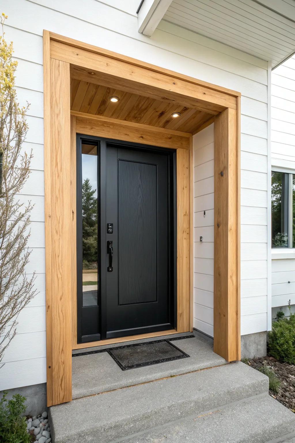 Oversized oak picture-frame trim turns a small entry into a bold, modern portal.