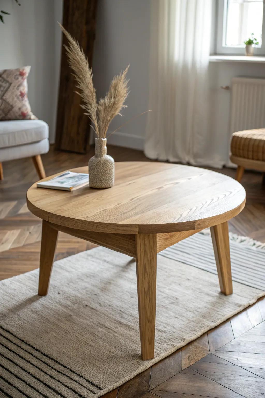 Tape it out first: a simple oak table sets the stage for a conversation-first layout.