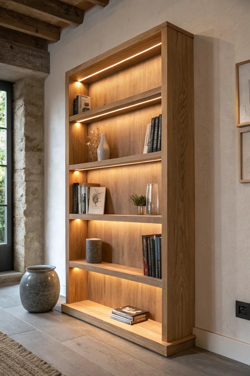 Warm integrated shelf lighting turns simple oak shelves into an expensive-looking modern library.