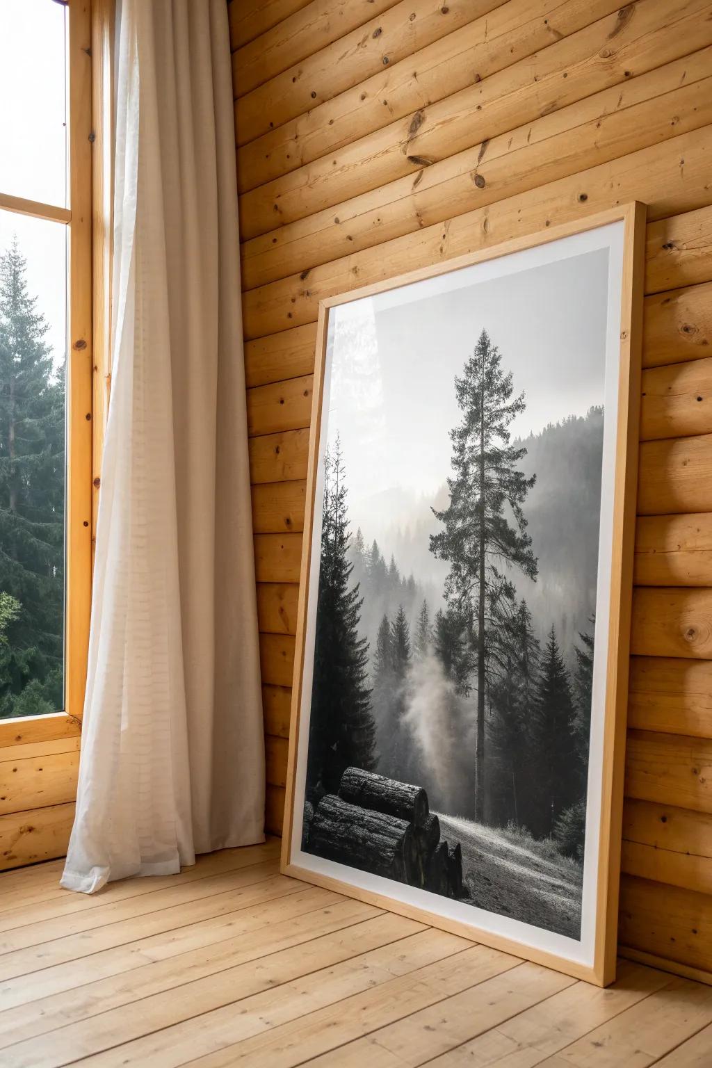 Oversized black-and-white nature print in a slim oak frame—modern calm for log cabin walls.