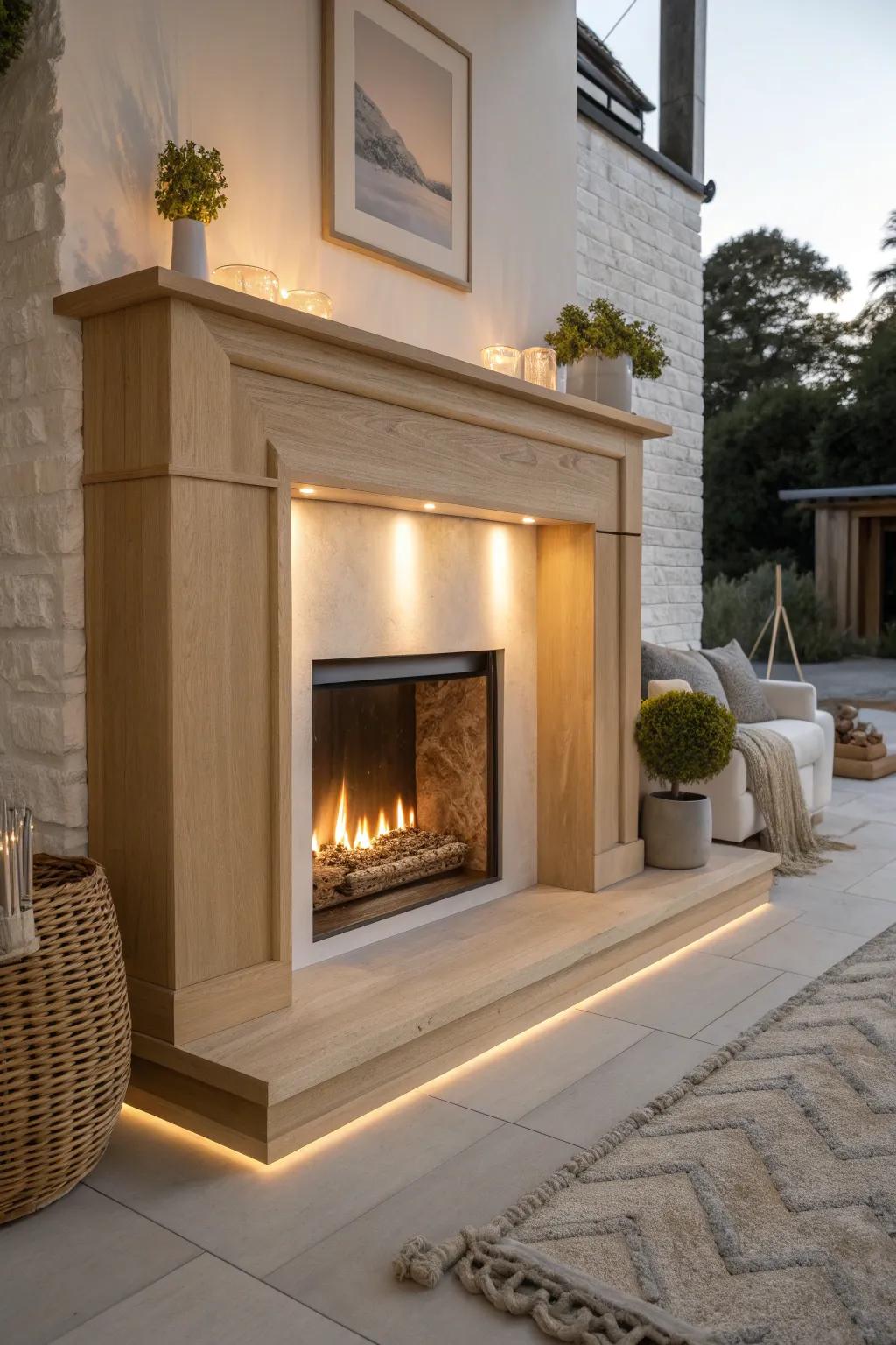 Hidden backlighting behind a light oak mantel turns your fireplace into a soft, luxe glow.
