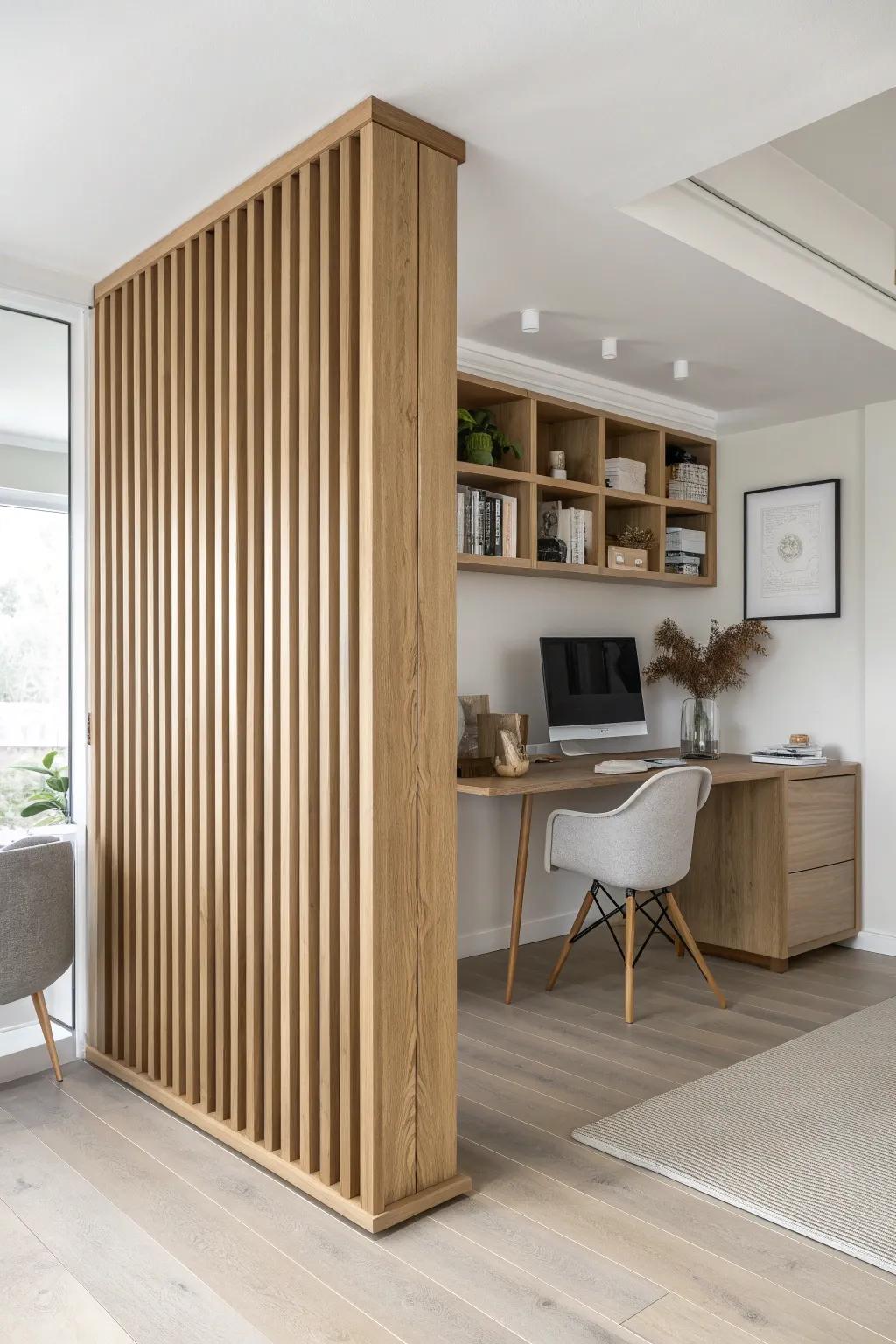 A modern vertical wood slat divider that zones your workspace while keeping the room light.