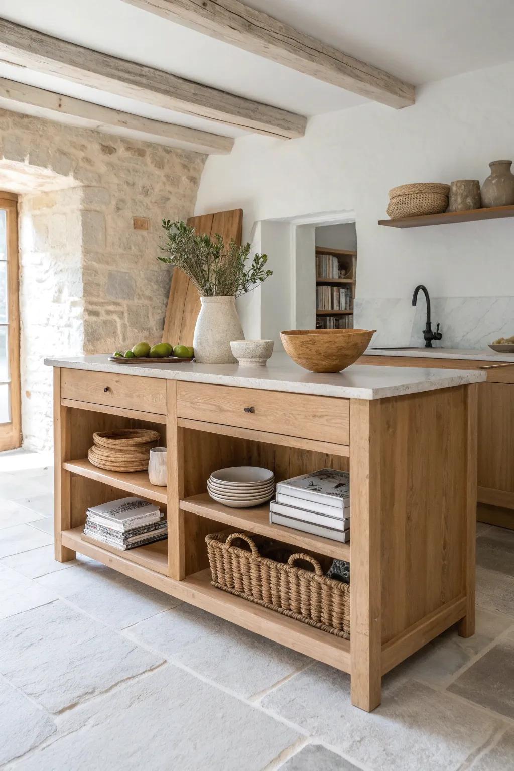 Open shelves on the island end add warmth, storage, and a custom crafted look.