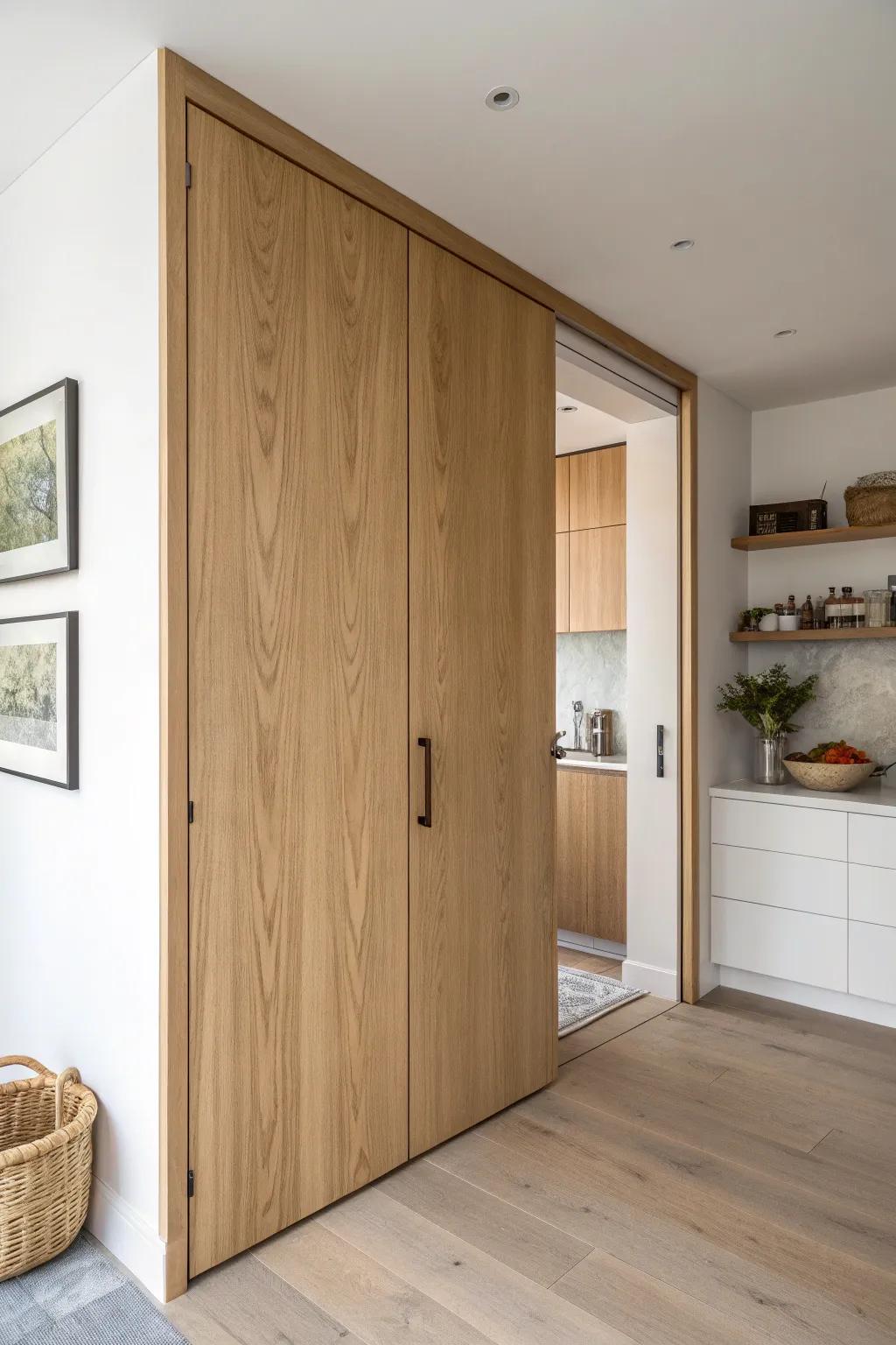 A hidden jib-style pantry door in light oak—tight reveals, discreet latch, and secret-room charm.
