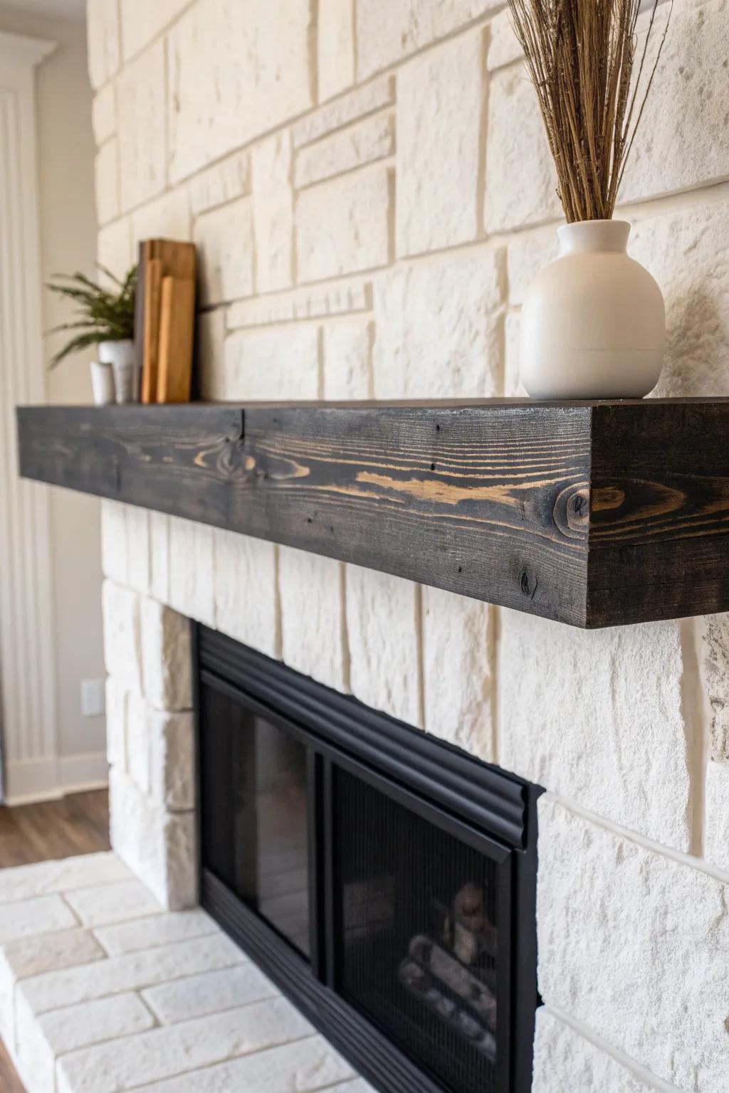 Charred wood mantel: bold black grain against pale stone for modern rustic contrast.