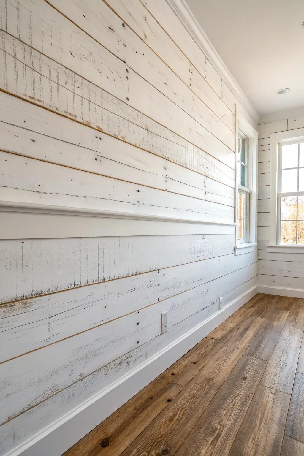 Crisp painted planks with a hint of wear—modern texture for a soft shabby chic living room.