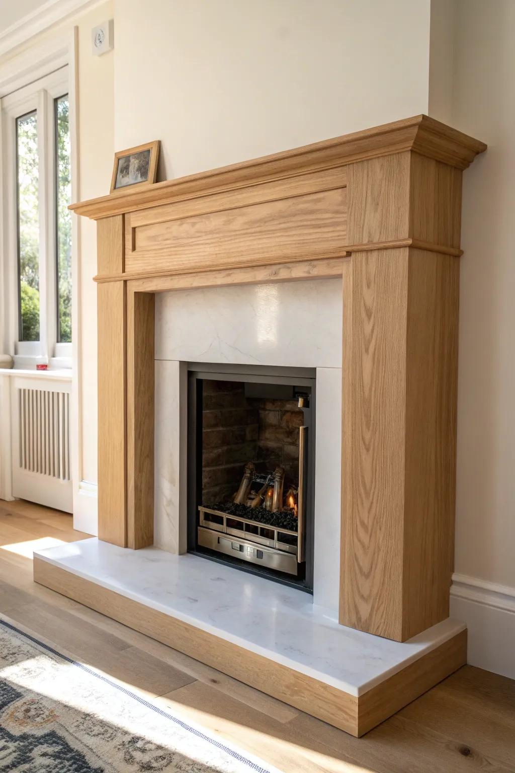 A classic mantel, upgraded with a seamless hidden drawer to stash remotes and matches.