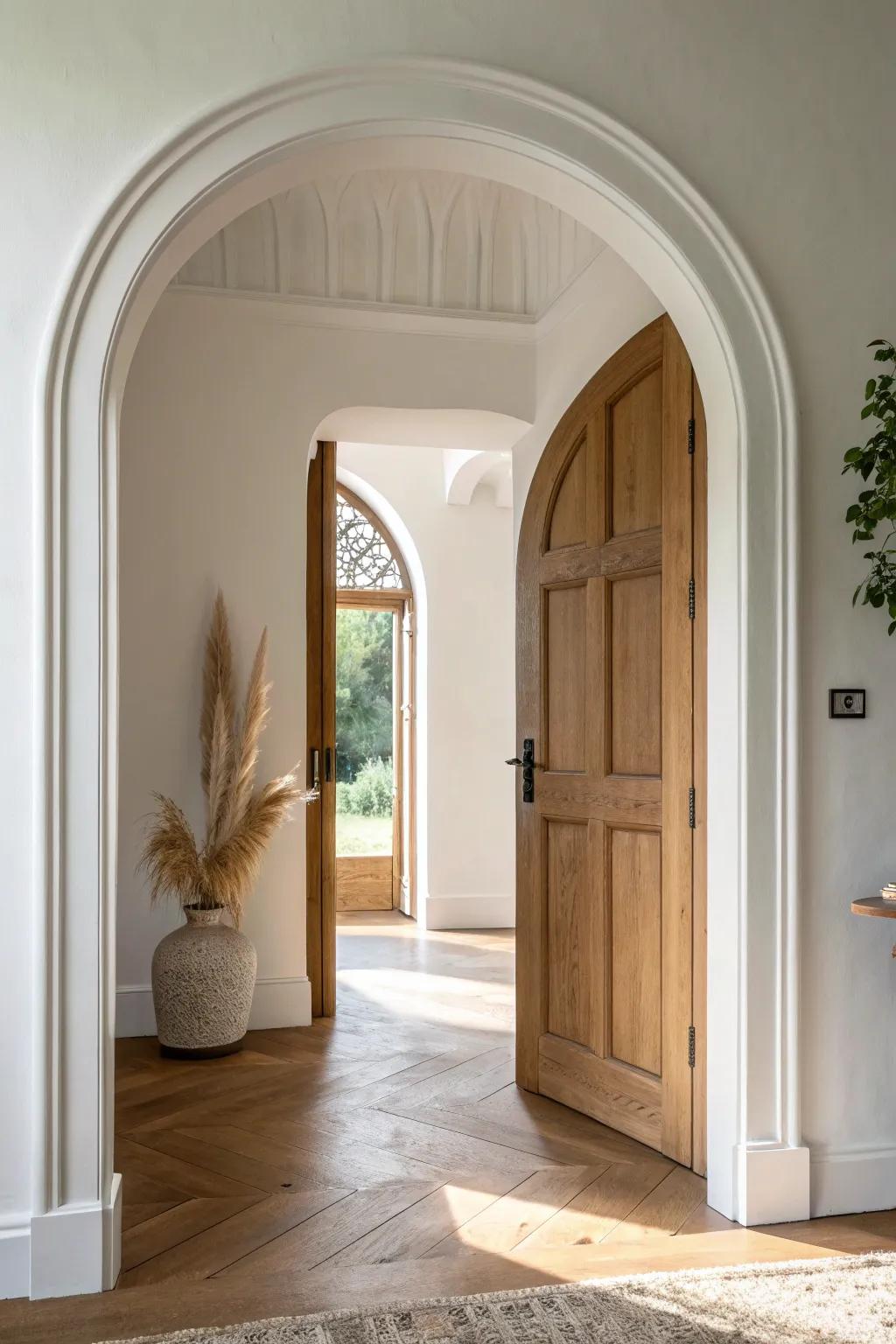 Trimless plaster Tudor arch—smooth, sculpted edges that make the room feel modern and calm.