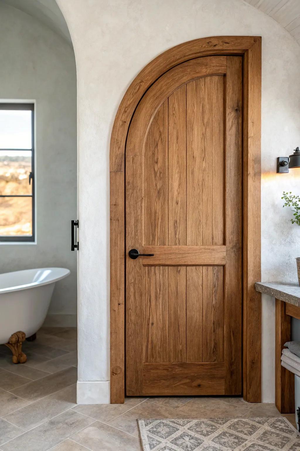 Reclaimed wood door with soft curves and clean hardware—modern Tuscan warmth, pared back.