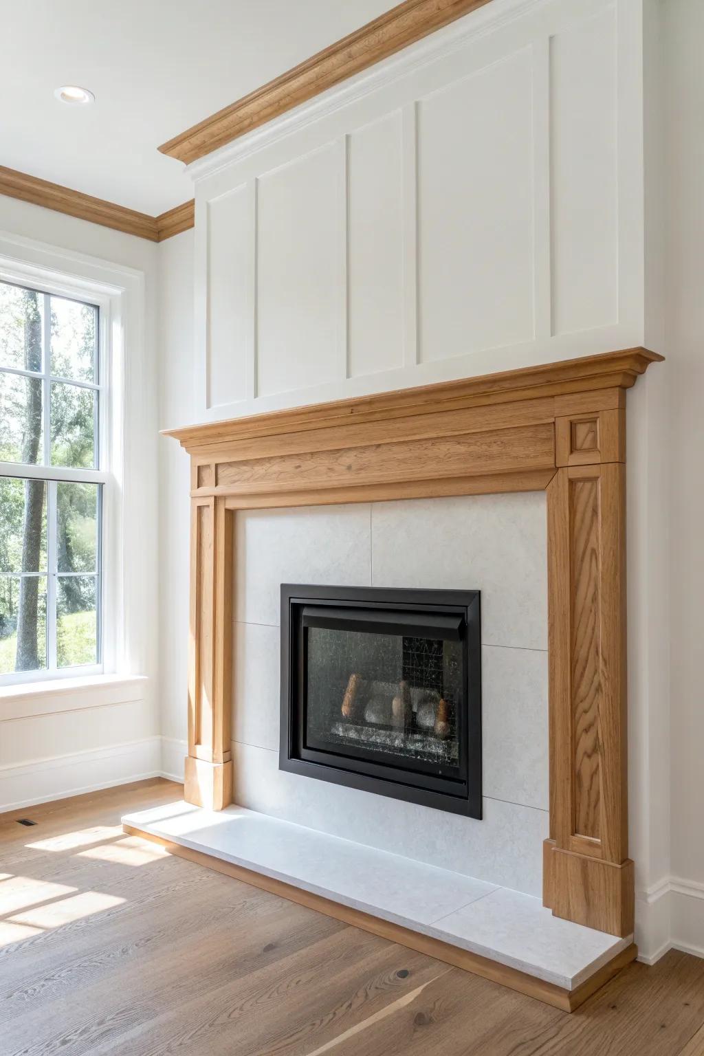 Minimal oak molding frames the fireplace for a taller, modern focal wall with soft Nordic calm.
