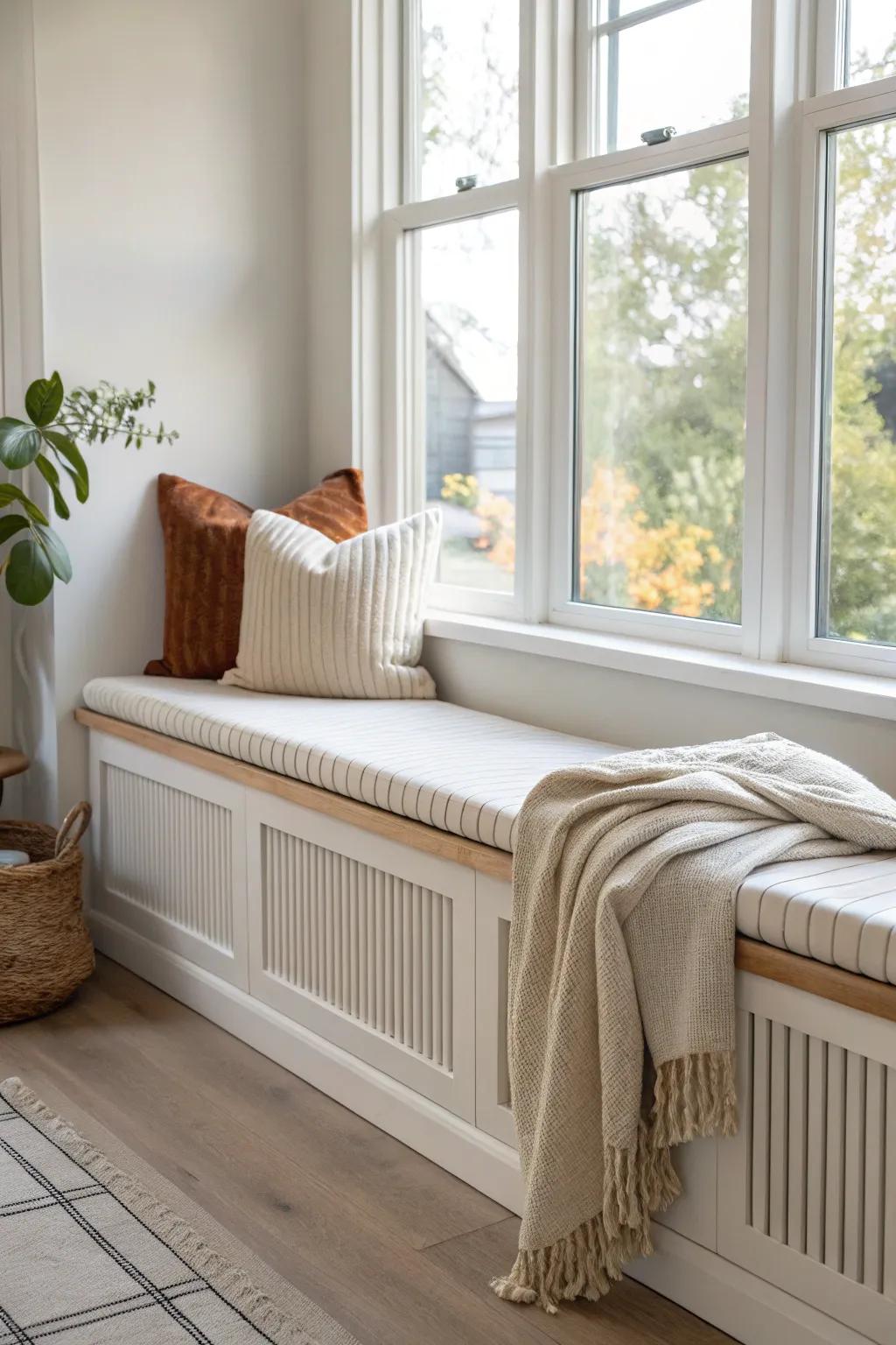 Modern window seat with a slatted oak front—clean lines, soft texture, and luxe light play.